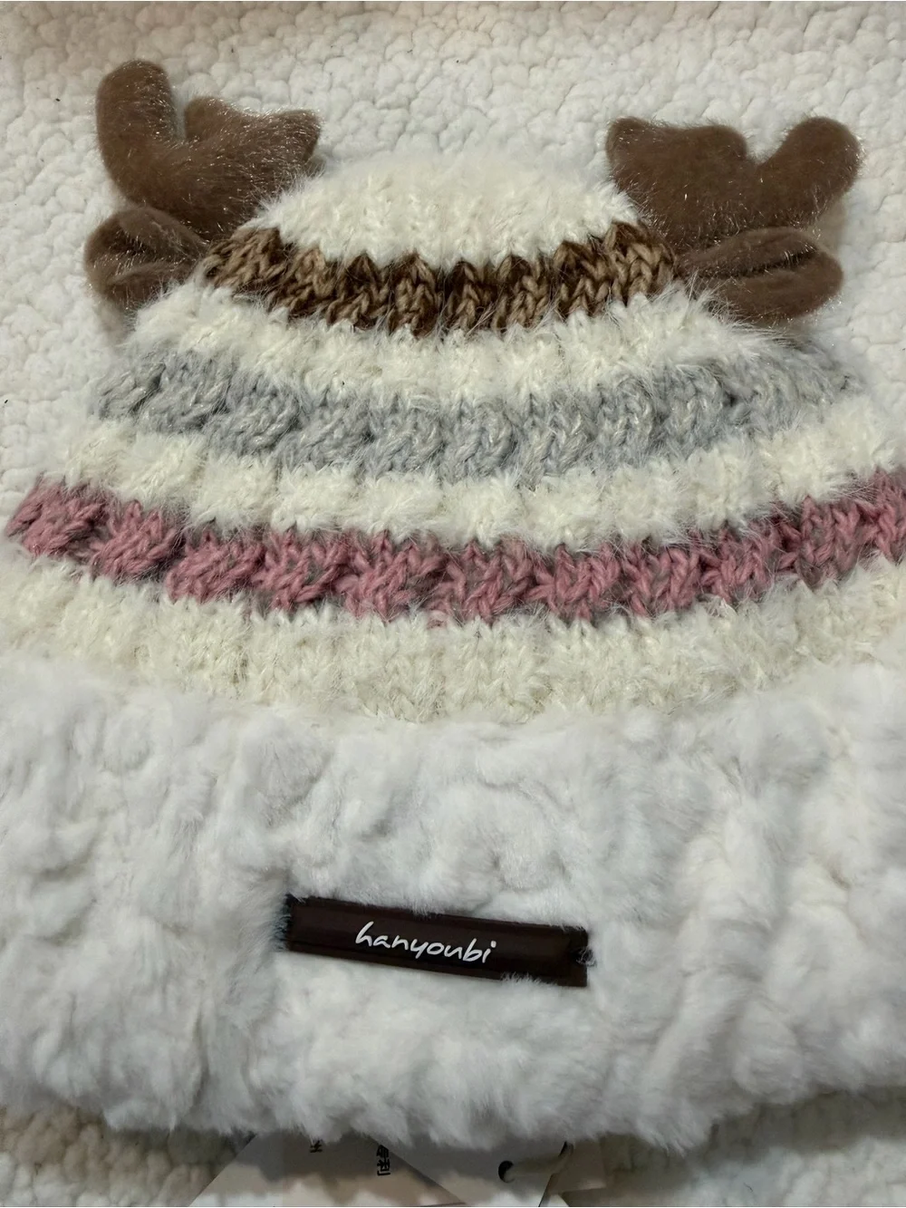 Girls Plush Reindeer Beanie with Knit Gloves - White, Brown & Pink size 68